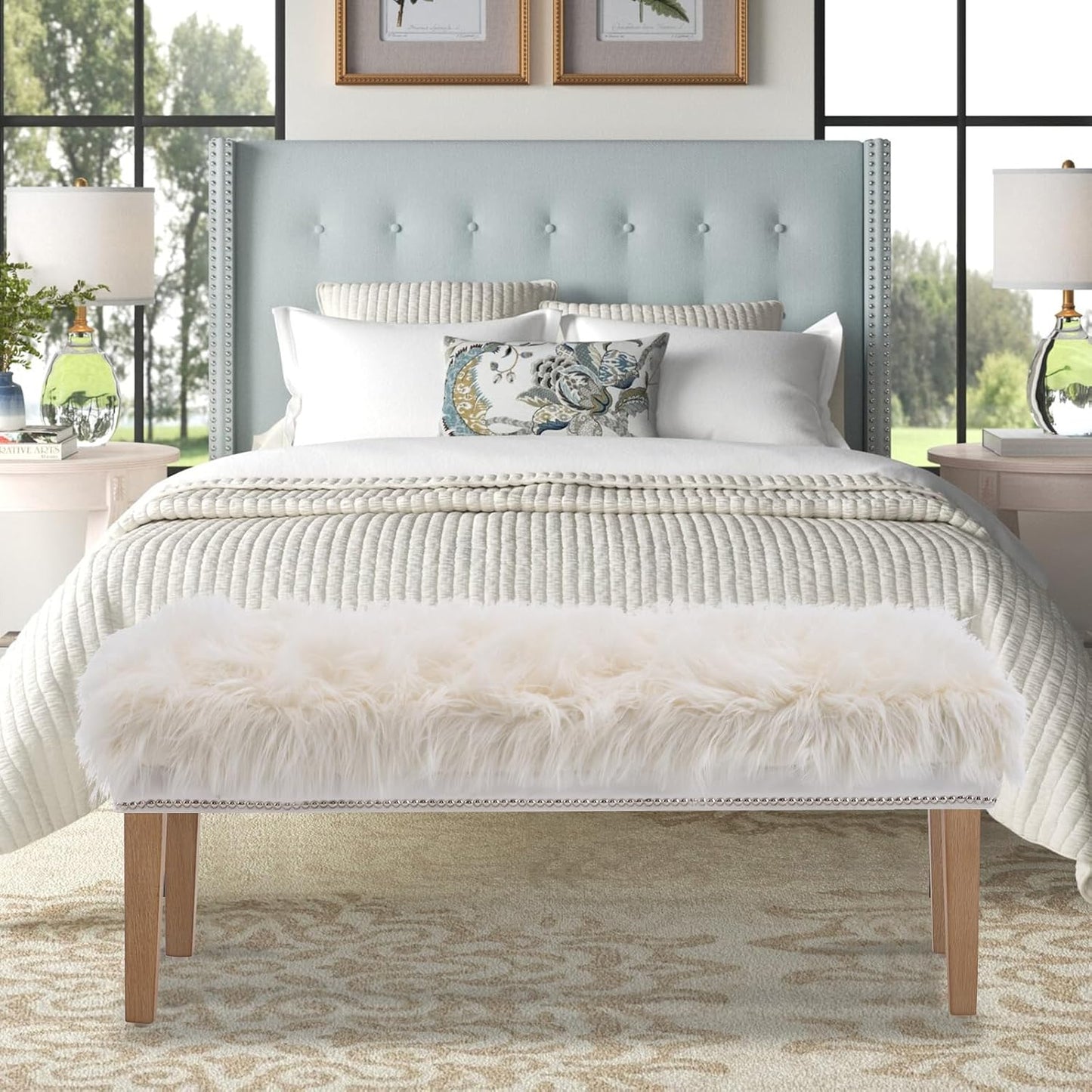 46 Inch White Bedroom Bench, Modern Multi-Purpose Bench with Wooden Legs, Faux Fur Upholstered, 3-Seater, 220 lbs Weight Capacity