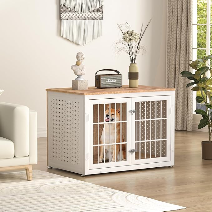 rehomerance 38" Heavy Duty Dog Crate Furniture for Large and Medium Dogs,Wooden Metal Kennel for High Anxiety Dogs, Chew Proof Pet Cage Indoor, Decorative Dog Kennel End Table, White