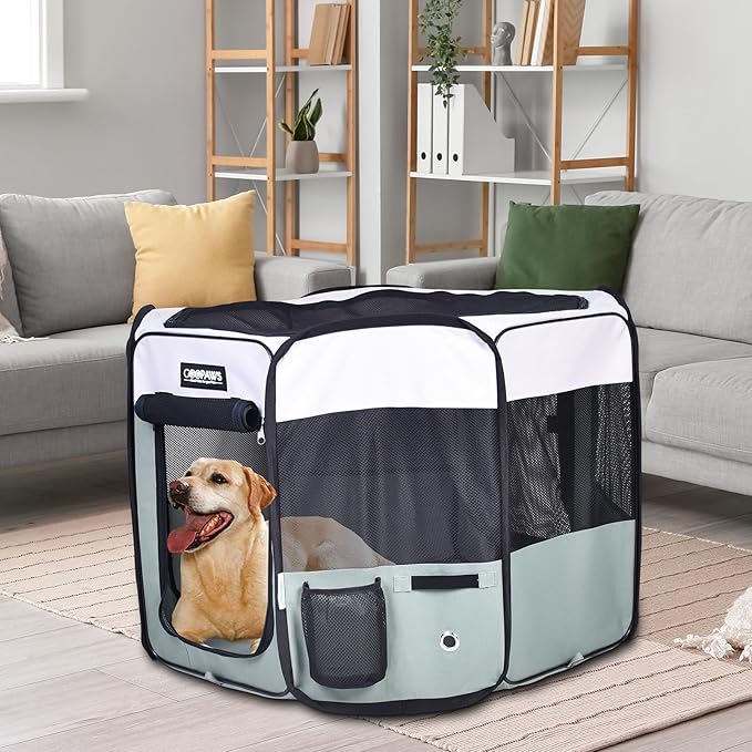 JESPET 61" Pet Dog Playpens, Portable Soft Dog Exercise Pen Kennel with Carry Bag for Puppy Cats Kittens Rabbits,Shale Green