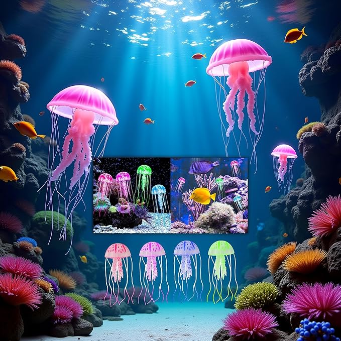 4 Pcs Fluorescence Jellyfish Aquarium Decorations for Large Small Fishtank Glowing Jellyfish Toy for Fish Tanks Jellyfish Decorations for Bedroom, Aquatic Pets