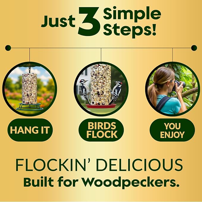 Woodpecker Bird Seed Cylinders with Hole β Premium Woodpecker Food Blend with Sunflower Chips, Peanuts & Suet β Natural High Energy Bird Seed, No Filler, No Shell, No Mess β USA Made (6" x 7.75")