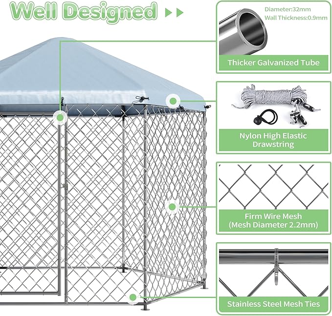 EUNHOO Large Dog Kennel Outdoor,9.2'L x 9.2'W x 8'H Dog Houses for Large Dogs Outside with Roof, Metal Wire Outdoor Dog Kennel Dog Pen, Dog Fence Run with Lock