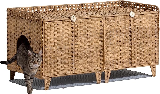 Double Litter Box Enclosure for 2 Cats - Rattan Hidden Cat Furniture with Litter Mat 2 Hooks & Doors, Large Cat House for 2 Litter Boxes, Easy Clean, 47.2" l x 19.7" w x 23.6" h Natural