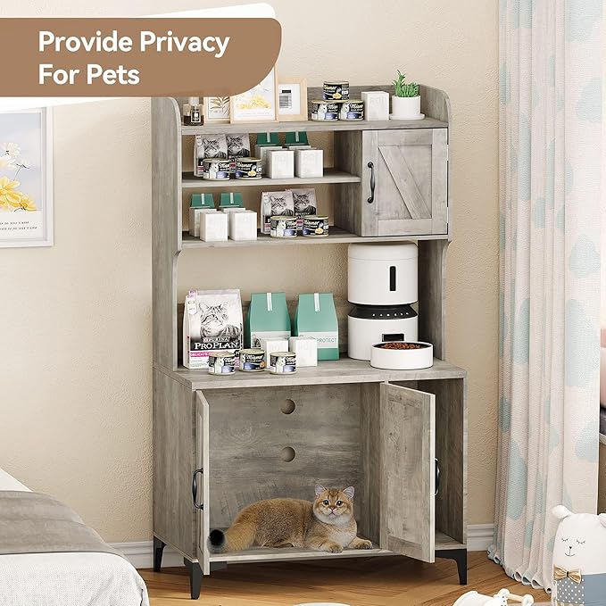 GarveeLife Cat Litter Box Enclosure with Shelves, Litter Box Cabinet, Hidden Cat Box Furniture with Scratching Mat, Wood Sturdy Cat Washroom Storage, Indoor Cat House,Grey