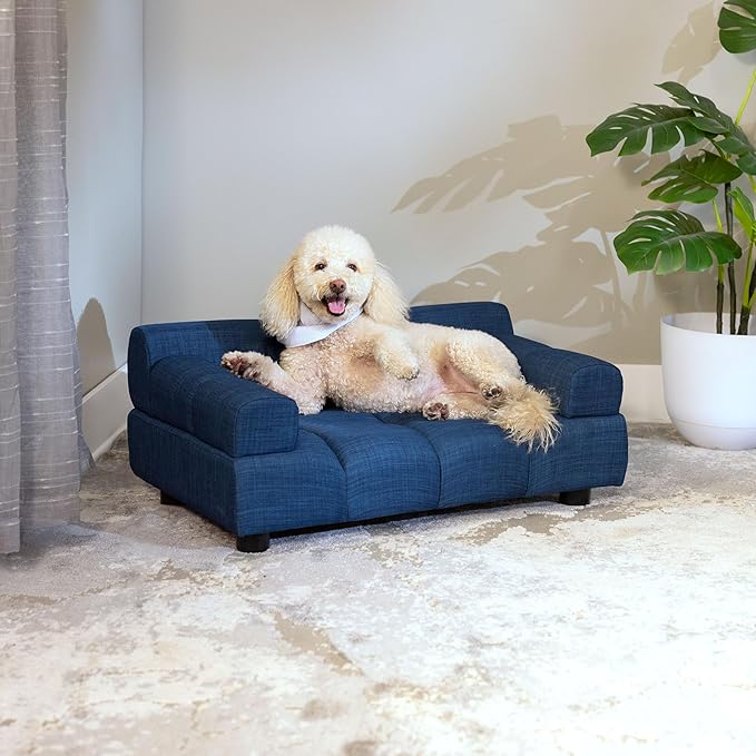 Paws & Purrs Puffer Pet Sofa Bed, Dog or Cat Couch with Tufted Cushion and Armrest, Stylish Indoor Pet Furniture, Dark Blue