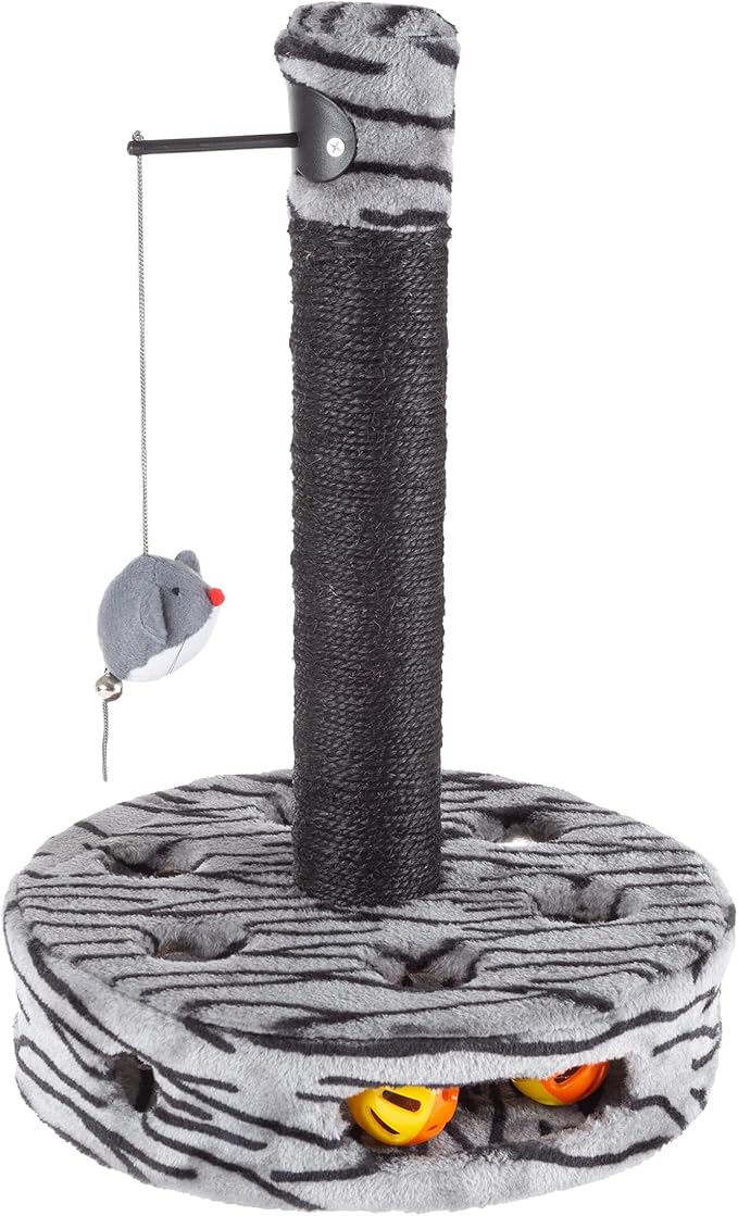 Cat Scratching Post - Interactive Play Area with Sisal Rope Scratcher and Hanging Toy for Indoor Cats - Scratch Tree for Pets by PETMAKER (Black/Gray)