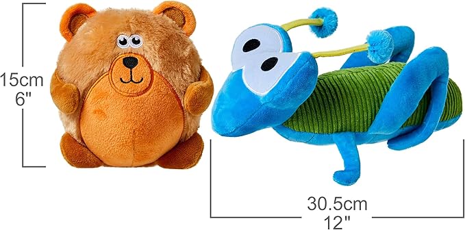 Blueberry Pet Pack of 2 Squeaky Plush Dog Toy 6" Bear and 12" Grasshopper Durable Interactive Chew Toy for Puppies and Small Dogs Teething