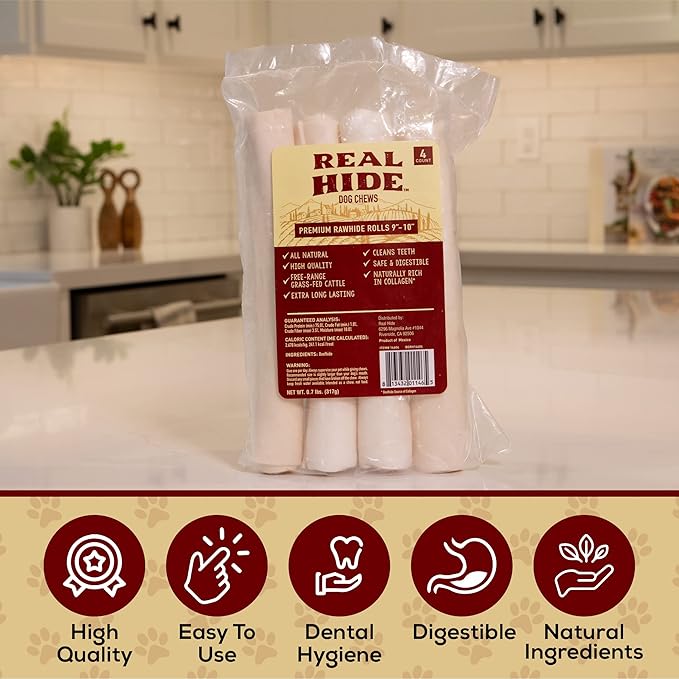 Real Hide | All Natural Dog Chew Treats - Premium Rawhide Rolls, 9-10 Inch - Long Lasting Grass Fed Free Range Beef Hide - Medium/Large Dogs - 20 Count