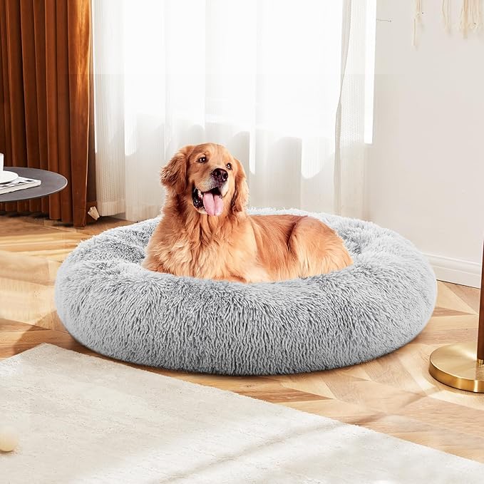 DUMOS 37.4x37.4 Inch Calming Donut Dog Beds for Large Dogs, Machine Washable Cuddler Warming Cozy Fluffy Faux Fur Plush Round Pet Bed, Anti-Slip Bed for Indoor Dogs and Cats, Grey