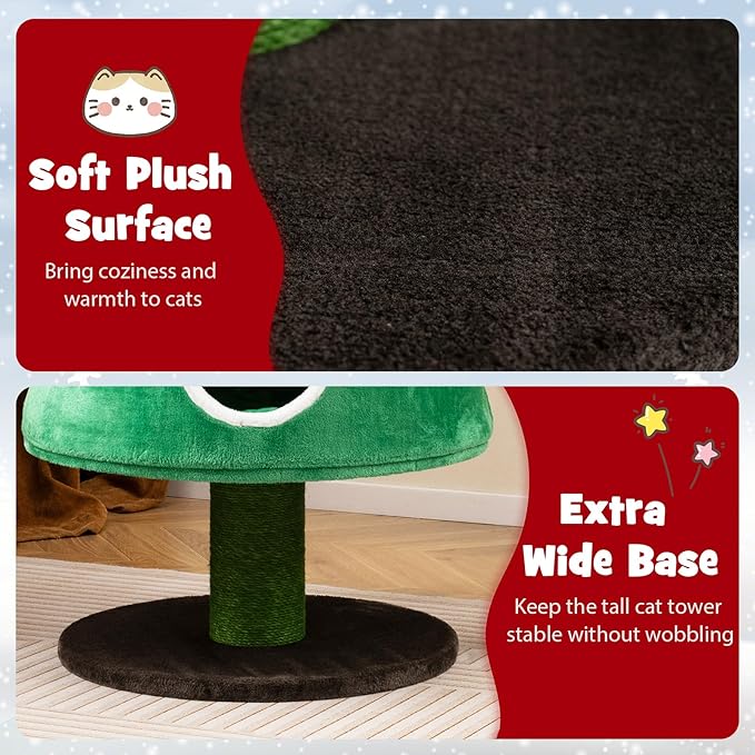 PETSITE 60 inch Cat Christmas Tree, Cute Cat Tower with 2 Condos, Sisal Scratching Posts, Spring Toy, Removable Beds, Modern Holiday Cat Tree Tower for Indoor Cats