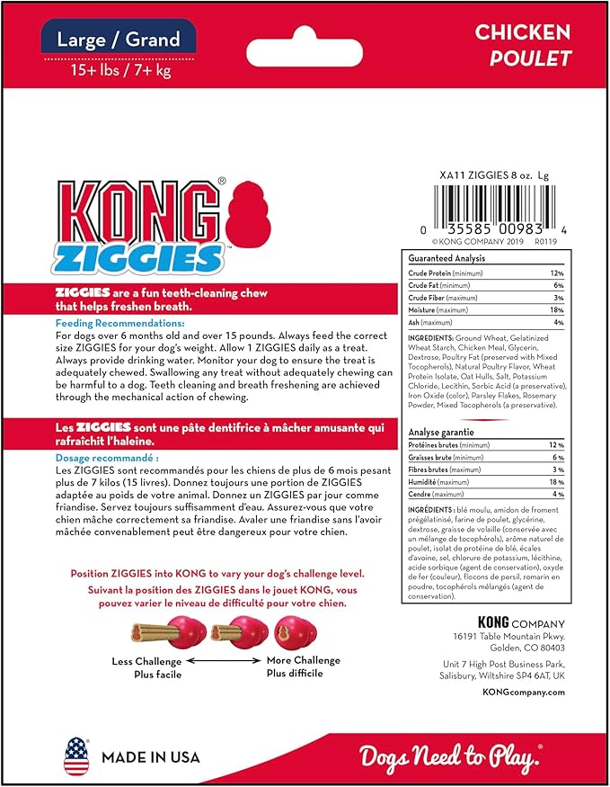 KONG Classic Toy & Ziggies Treats Combo Pack - Durable Chew Toy for Dogs - with Ziggies Chicken-Flavored Treats - Dog Accessories for Fun & Health - for Medium Dogs