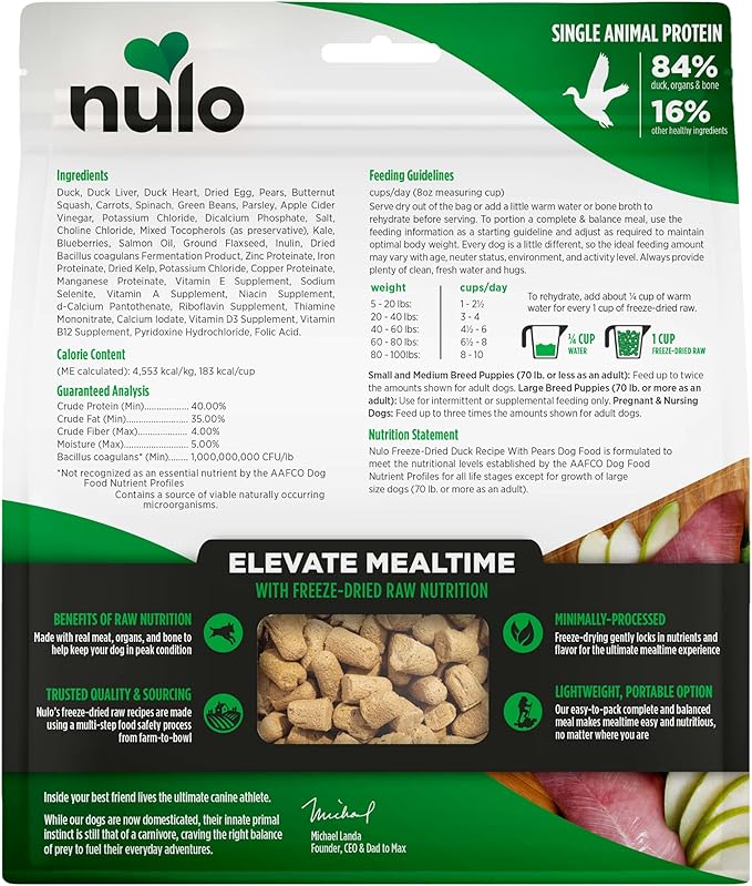 Nulo Freeze-Dried Raw Duck Recipe with Pears Complete and Balanced Dry Dog Food Kibble, 8 Ounce Bag