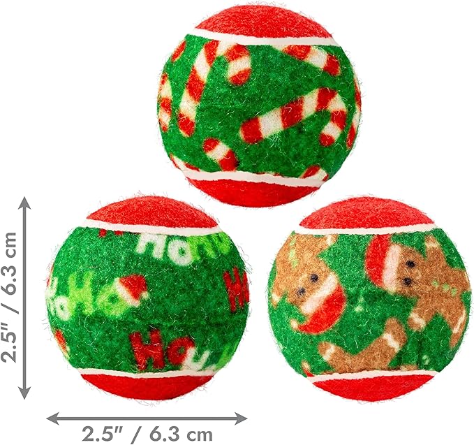 KONG Holiday SqueakAir Tennis Balls Dog Toy – 6-Pack Plush-Felt Squeaky Fetch Balls with Christmas Theme, Non-Abrasive Material Gentle on Teeth (Medium)