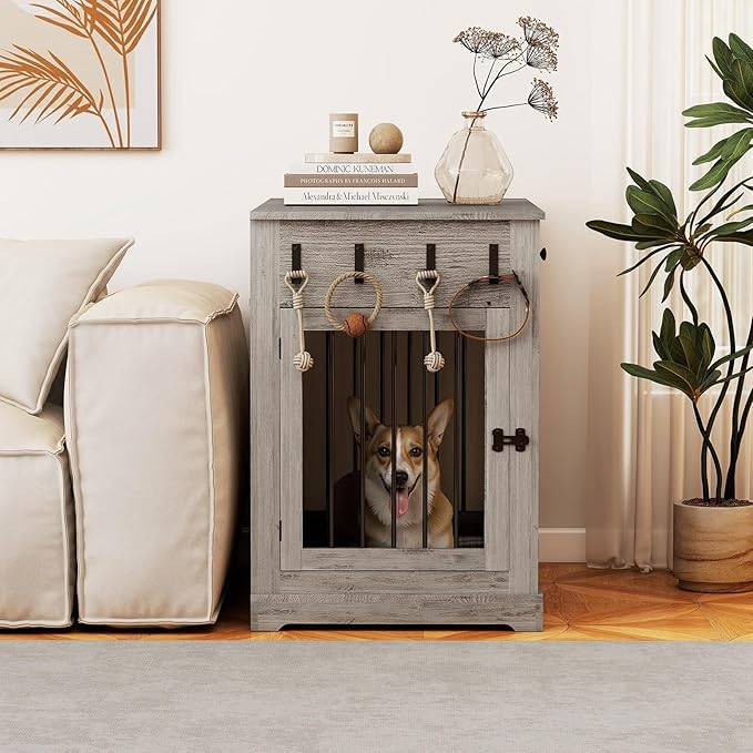 40 Inch Dog Crate Furniture, Wooden Dog Kennel Furniture, Heavy-Duty Dog Crate End Table with Storage Drawers, Double Doors Decorative Pet Cage House Indoor for Medium Large Dog, Gray