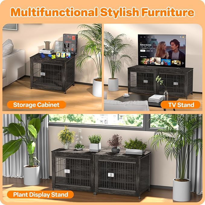 Escape Proof Decorative Dog Crate Furniture with Wooden Top, 27in Furniture Style End Table and Secure Indoor Kennel, Anti Anxiety for All Breeds, Rustic Brown