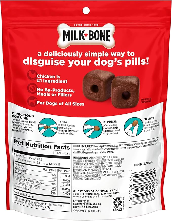 Milk-Bone Pill Pouches Dog Treats, Hickory Smoked Bacon Flavor, 30 Count Bags