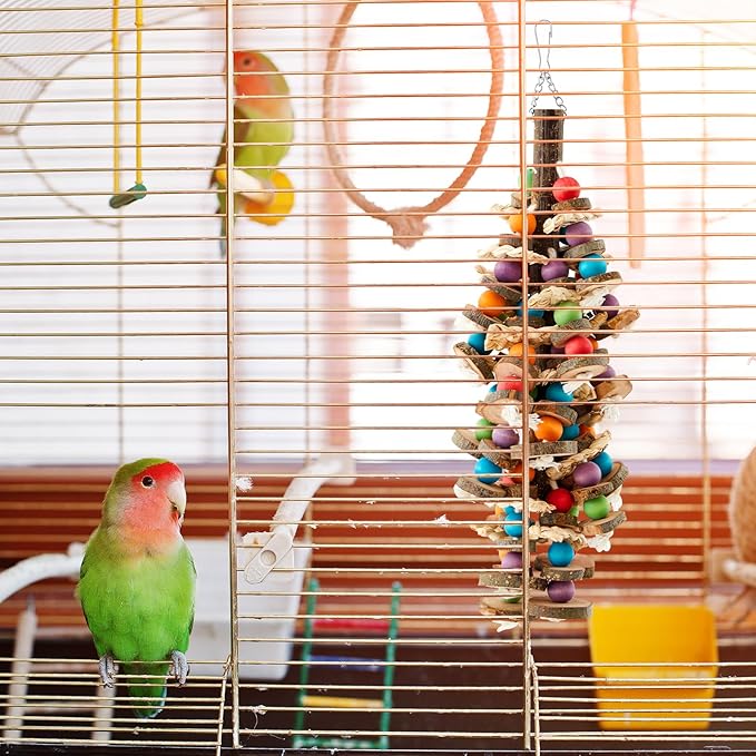 Seenelling 3 Pcs Extra Large Bird Parrot Toy Multicolored Natural Wooden Parrot Cage Chewing Toys for Large Medium Macaws Cockatoos African Grey Birds (Block and Ball)