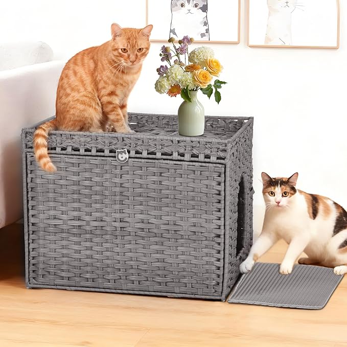 PeakPursuit Rattan Litter Box Enclosure Hidden Cat Furniture with Removable Litter Mat, Natural Cat House End Table, Easy Assembly, 27.5" l x 20.5" w x 22" h Grey