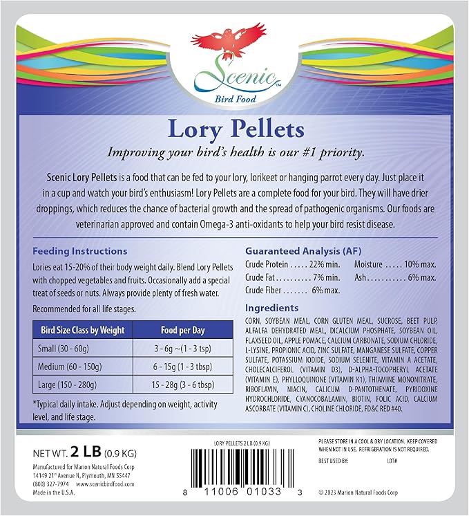 Scenic Lory Pellets Bird Food | Lories, Lorikeets, and Hanging Parrots | Formulated Diet | 2 LB