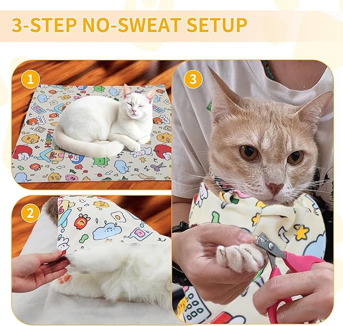 Cat Wrap, Soft and Comfortable Cat Wrap for Cutting Nails, Multifunctional Grooming Wrap for Stress-Free Nail Trimming, Yellow L-27.6inch (Within 11lbs)