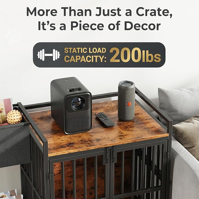 AFLUI 41.4'' Dog Crate Furniture with Built-in Feeding Station and Storage Bag, Wooden Dog Kennel Indoor End Table with Double Front Doors for Small/Medium Dogs, Rustic Brown