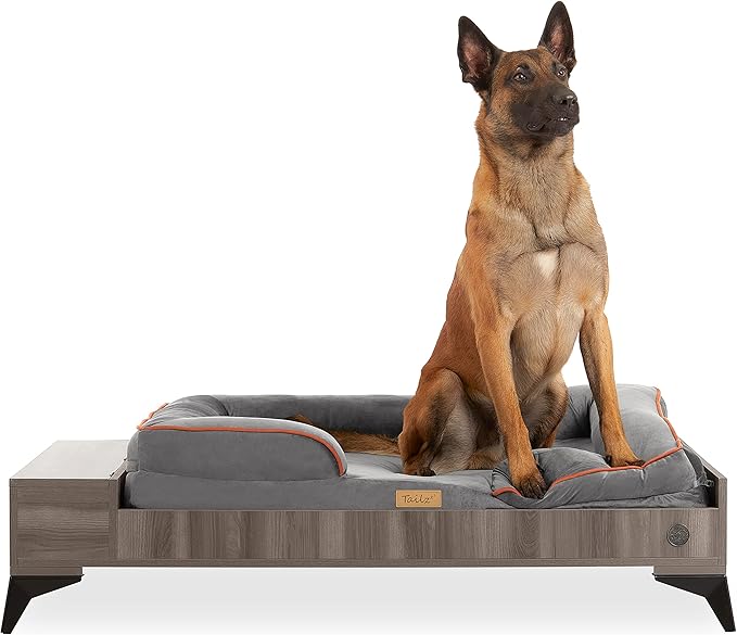 Wooden Dog Bed with Mattress, Large to Extra Large Water-Resistant Elevated Pet Bed, Wooden Pet Bed with Storage, Greenguard Gold Certified, Machine Washable, Smokey Grey, Wyatt - TailZzz