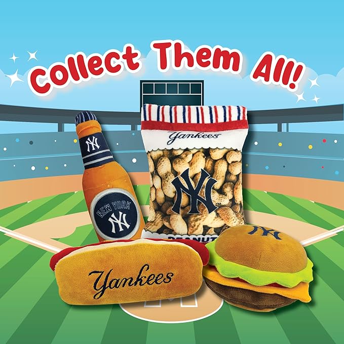 MLB New York Yankees Plush Peanuts Snack Toy for Dogs & Cats with Embroidered Team Name & Logo with Inner Squeaker