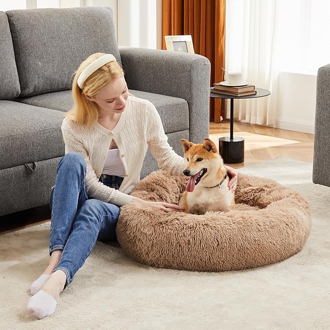 DUMOS Calming Donut Dog Beds for Large Dogs, 37.4x37.4 in Machine Washable Cuddler Warming Cozy Fluffy Faux Fur Plush Round Pet Bed, Anti-Slip Bed for Indoor Dogs and Cats, Brown