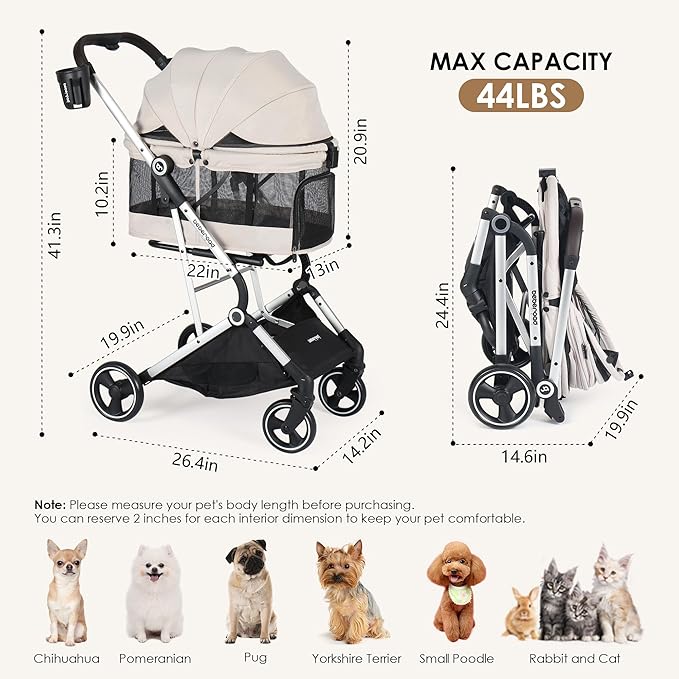 T4 PRO Pet Stroller for Small Medium Dogs, Cat Strollers for 2 Cats, 4 Wheels Folding Pet Stroller for Cats with Pad, Canopy and Cup Holder, Beige