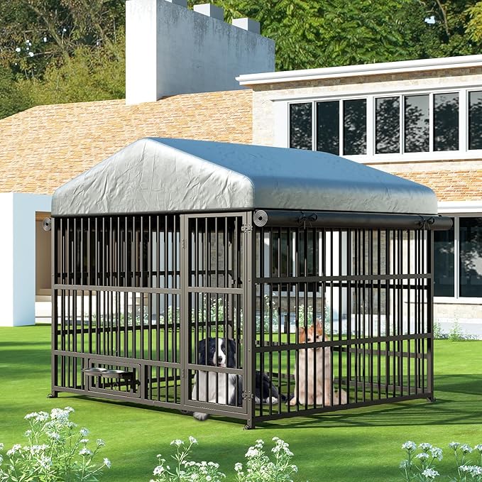 HOOBRO Dog Kennel Outdoor with Cover, 6.6 x 6.6 x 6.4 ft Dog Kennel Outside with Waterproof Roof and Rotating Feeding Bowls, Heavy-Duty Large Cage Enclosure, for Medium & Large Dogs, Black BK220GW03