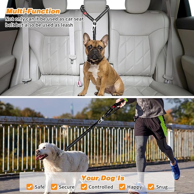 BWOGUE Pet Dog Cat Seat Belt Reflective Car Dog Headrest Restraint Leash Elastic Buffer Bungee Adjustable Tangle-Free Safety Leads Vehicle Seatbelt Harness for Small, Medium and Large Dogs (1 Pack)