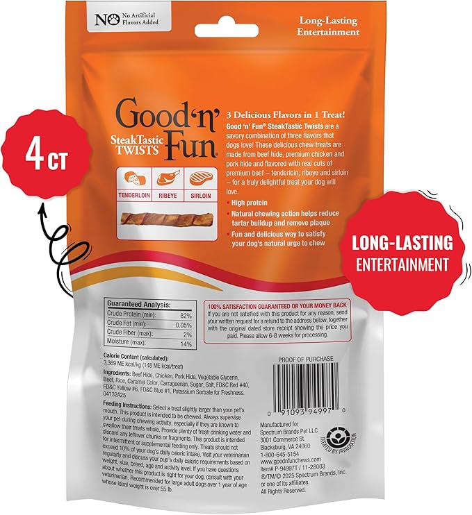 GOOD 'N' FUN SteakTastic Twists, High-Protein, Long-Lasting Chews for Large Dogs, Made with Three Cuts of Steak Plus Beef Hide, Chicken Breast and Pork Hide, 4 Count