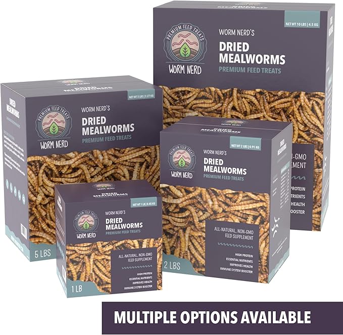 Worm Nerd WN61 10LB Dried Mealworms Non-GMO High Protein and Fiber Treat for Chickens, Birds, Reptiles, Amphibians, Fish., 10 POUNDS