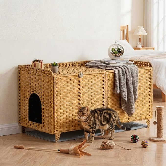 Garvee Cat Litter Box Enclosure Furniture, Handwoven Rattan Cat Houses, Hidden Cat Washroom Furniture with Door/Mat, Large Space Cat Houses with s-Shaped Hooks, Living Room, Bedroom, Natural