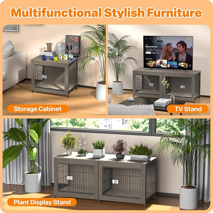 Escape Proof Decorative Dog Crate Furniture with Wooden Top, 27in Furniture Style End Table and Secure Indoor Kennel, Anti Anxiety for All Breeds, Greige