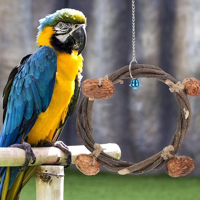 Beaupretty Parrot Hanging Hammock Ring Bell, 20cm Rattan Climbing Swing Bed for Parakeet Birdcage, Includes 4 Nut Accessories for Bird Training and Play