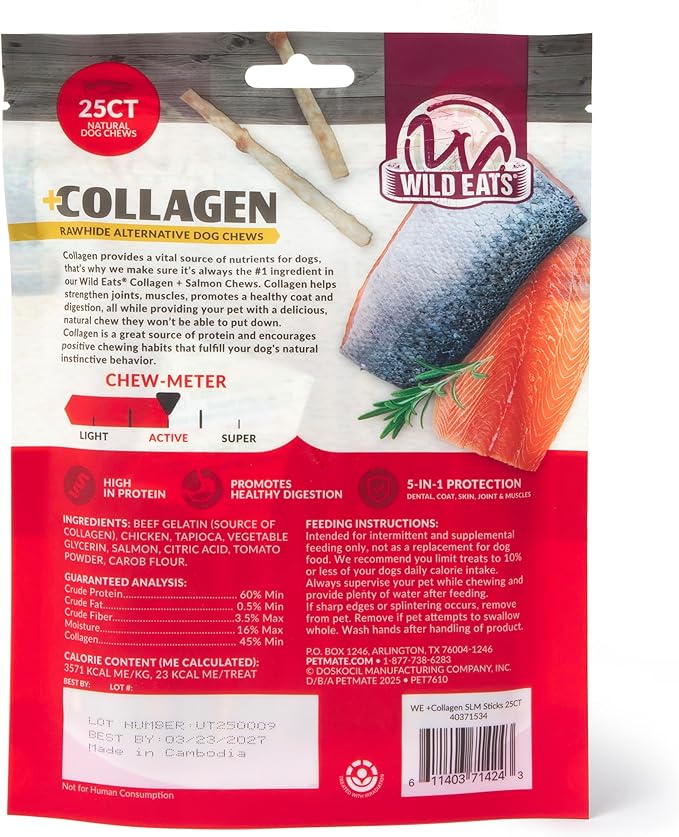 Wild Eats Collagen Real Salmon Bully Sticks for Dogs 25ct - Long Lasting Dog Chews No Hide Dog Treat Bully Stick Alternative, Rawhide Free, Grain Free, High Protein