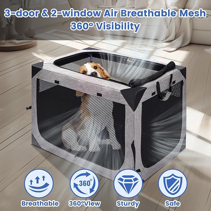 Dog Crate,36x25x25 Inch Large Dog Crate for Large or Medium Dogs, Portable and Foldable Design of Dog Cage, Perfect for Travel or Home Use, Dog Kennel with 3-Door and Durable Mesh Windows, Light Grey