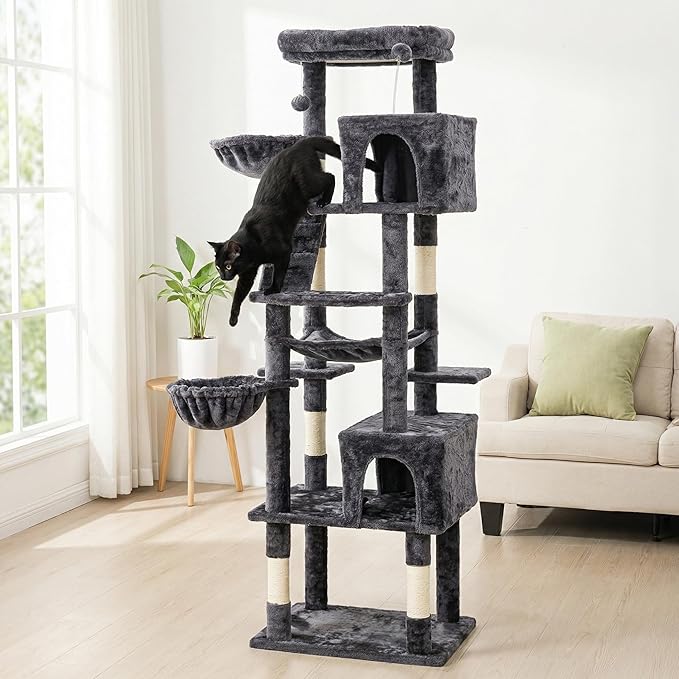 Large Cat Tree with Scratching Posts, Bed, Hammocks & Condos – Multi-Level Cat Tower for Playful Cats, 74" Modern Jungle Gym for Multiple Cats, Grey