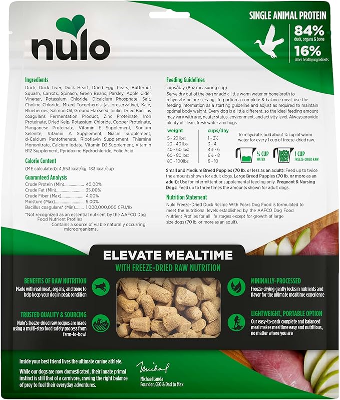 Nulo Freeze-Dried Raw Duck Recipe with Pears Complete and Balanced Dry Dog Food Kibble, 18 Ounce Bag