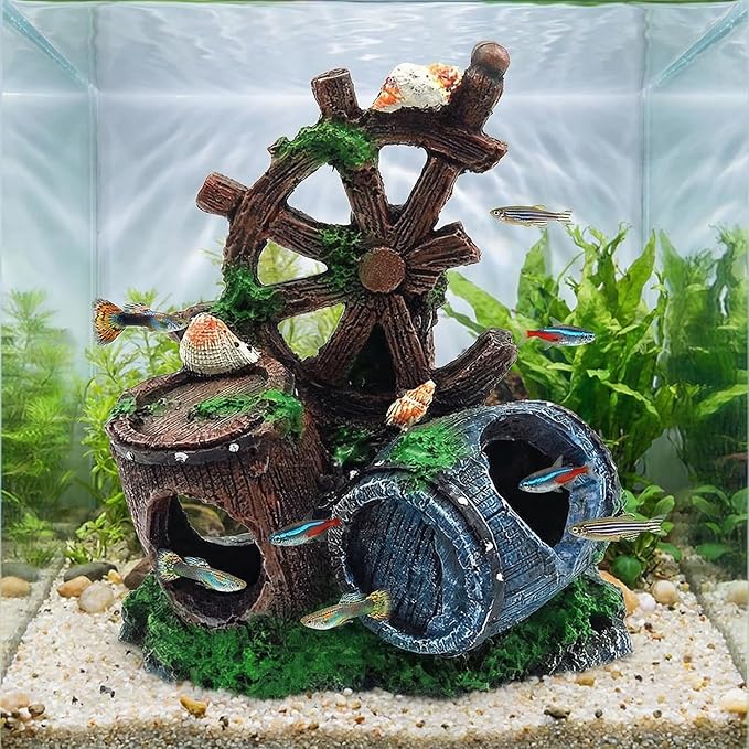 Mipukbay Fish Tank Decoration, Broken Ship Wheel & Cask Aquarium Decor Hiding Cave Ornament for Freshwater/Saltwater, Safe Landscaping Rock Resin Decoration for Betta Fish, Goldfish and Aquatic Pets