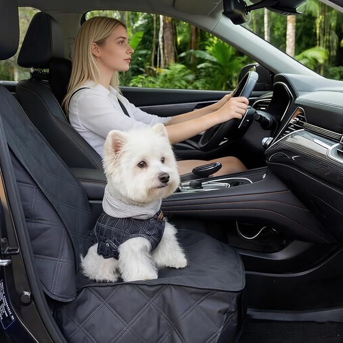 Front Seat Dog Cover for Car SUV Truck, Waterproof 600D Oxford Cloth Pet Seat Protector with Side Flaps, Durable Dog Seat Cover Front Passenger for Bucket Seat/Captain Chair, Full Protection (Black)