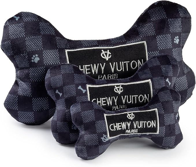 Haute Diggity Dog Chewy Vuiton Bone Plush Squeaky Dog Toy, Soft Durable Designer-Inspired Stuffed Puppy Chew Toys for Small & Medium Dogs, Machine-Washable (Black Checker) Large