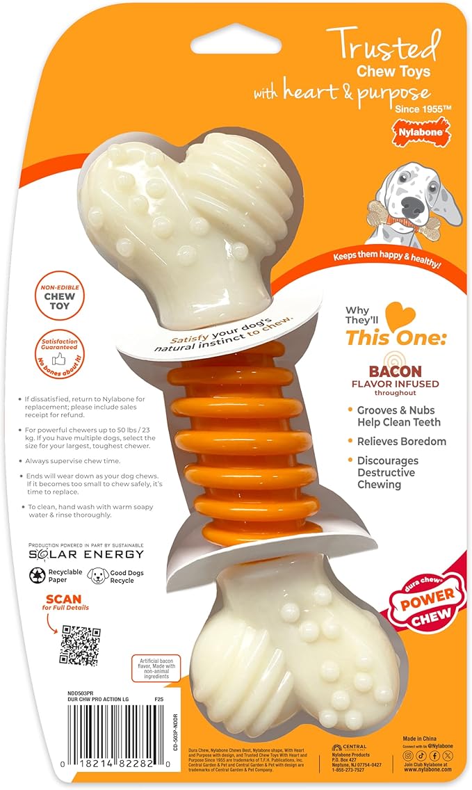 Nylabone PRO Action Dental Bone Power Chew Toy for Dogs, Dog Toys for Aggressive Chewers, Bacon Flavor, Large - Up to 50 lbs, 1 Count