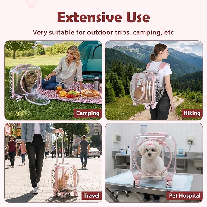 Cat Carrier Backpack with Silent Wheels, Clear Cat Stroller with Ventilation Holes, Telescopic Handle, Convenient Portable Cats Dogs Backpack for Travel (Light Pink-B)