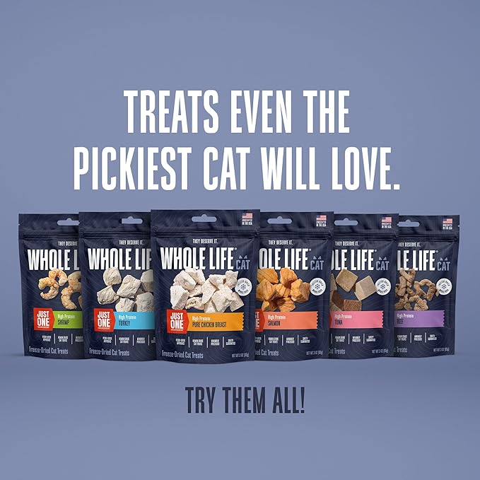 Whole Life Cat Just One Salmon Freeze Dried Cat Treats - Human Grade High Protein Food, Healthy Training Snacks, Freeze Dried Salmon Food Toppers, USA Made Natural Treats - 7.5 oz (Pack of 1)