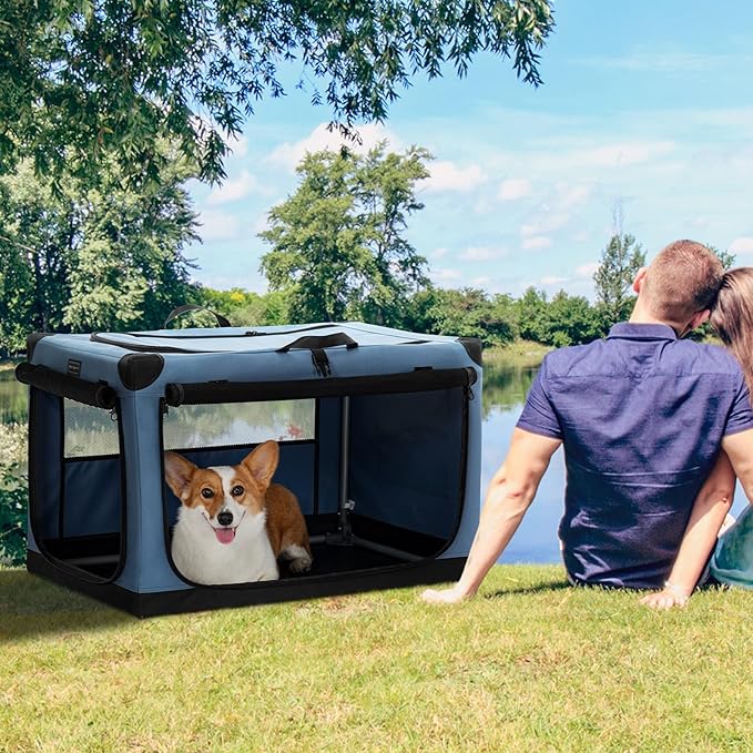 PETSFIT 30" Soft Portable Dog Crate – Patented Spiral Sturdy Frame, Collapsible Travel Kennel for Medium Dogs, 3 Mesh Door, Lockable Zippers, Indoor & Car Use Blue