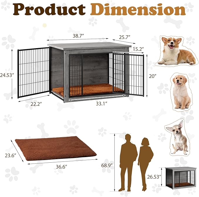 Dog Crate Furniture with Thick Cushion, Side End Table Wooden Dog Cage with Double Doors, Chew-Resistant Dog Kennel Dog House Indoor for Small to Large Dog