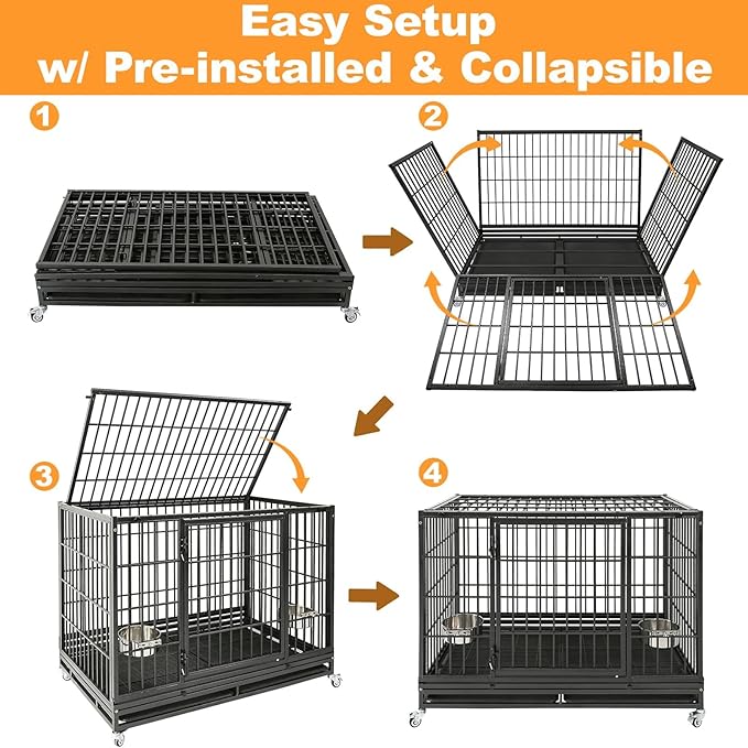 Homey Pet Heavy Duty Dog Crates for Large Dogs, 47 Inch Stackable Large Dog Crate Cage with 4 Wheels, 2 Removable Trays and Grids, 2 Bowls, Multi Locks Strong & Solid Escape Proof Dogs Kennel Indoor