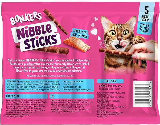 Bonkers Nibble Sticks Soft & Meaty Tender Salmon Flavor Cat Treats, 5 Sticks (Pack of 20)